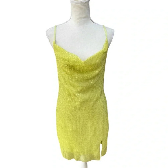 Club L London sequin cowl neck mini dress in lime - Picture 5 of 16